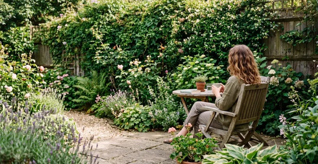 Vue d'un jardin avec une clôture entièrement recouverte de feuillage vert dense, créant une séparation végétale opaque avec la propriété voisine