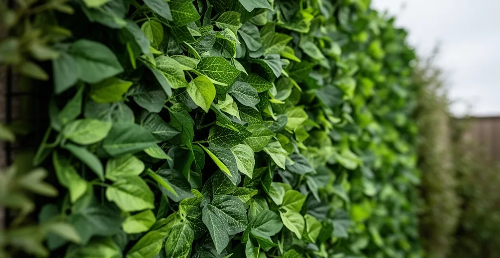 Gros plan sur feuillage artificiel dense montrant les différentes couches de feuilles vertes