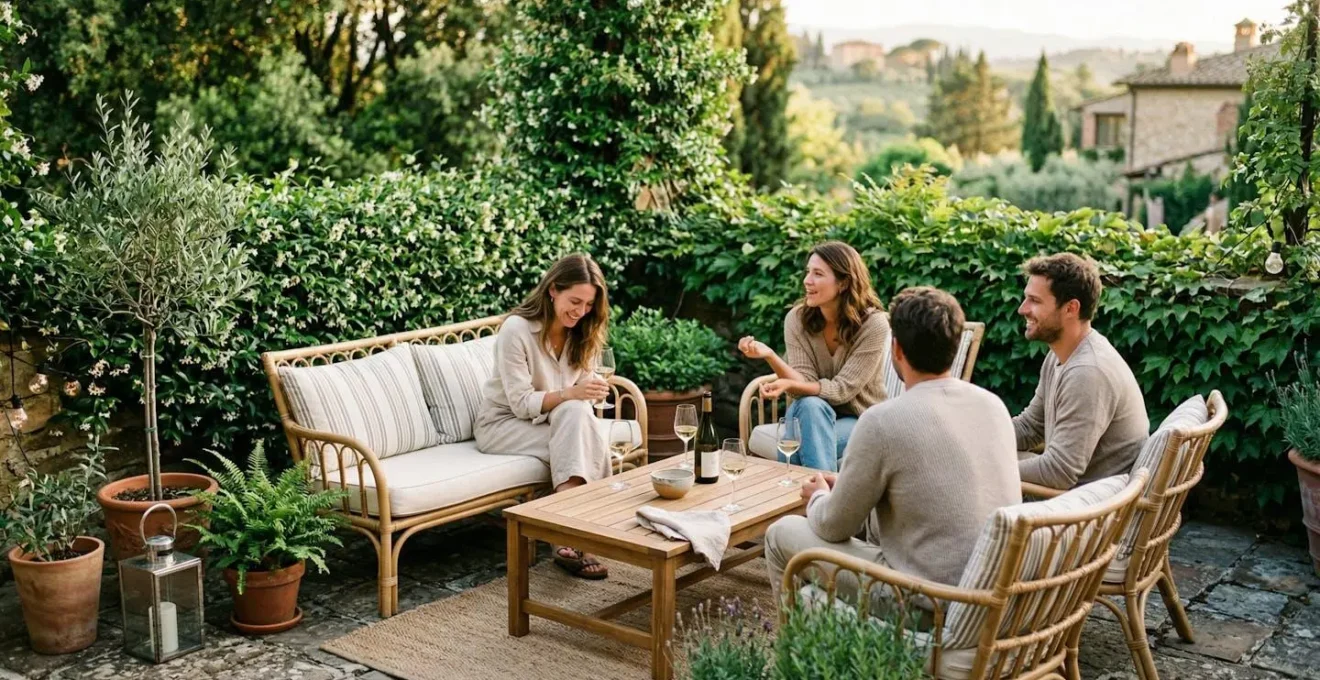 Une terrasse avec salon de jardin en bois, un mur végétal dense en toile de fond créant une ambiance intimiste et verdoyante