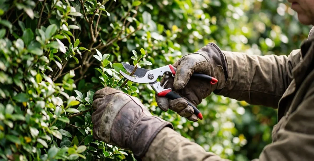 Des mains gantées tiennent un sécateur devant une haie de conifères, évoquant le travail d'entretien régulier