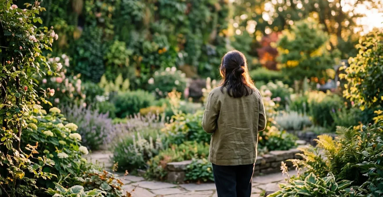 Une personne vue de dos observe son jardin clôturé par un mur végétal dense, baigné dans la lumière dorée de fin de journée
