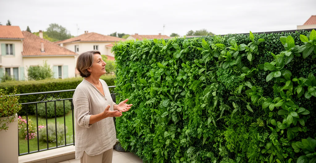 Femme admirant un panneau végétal artificiel dense sur clôture de terrasse résidentielle