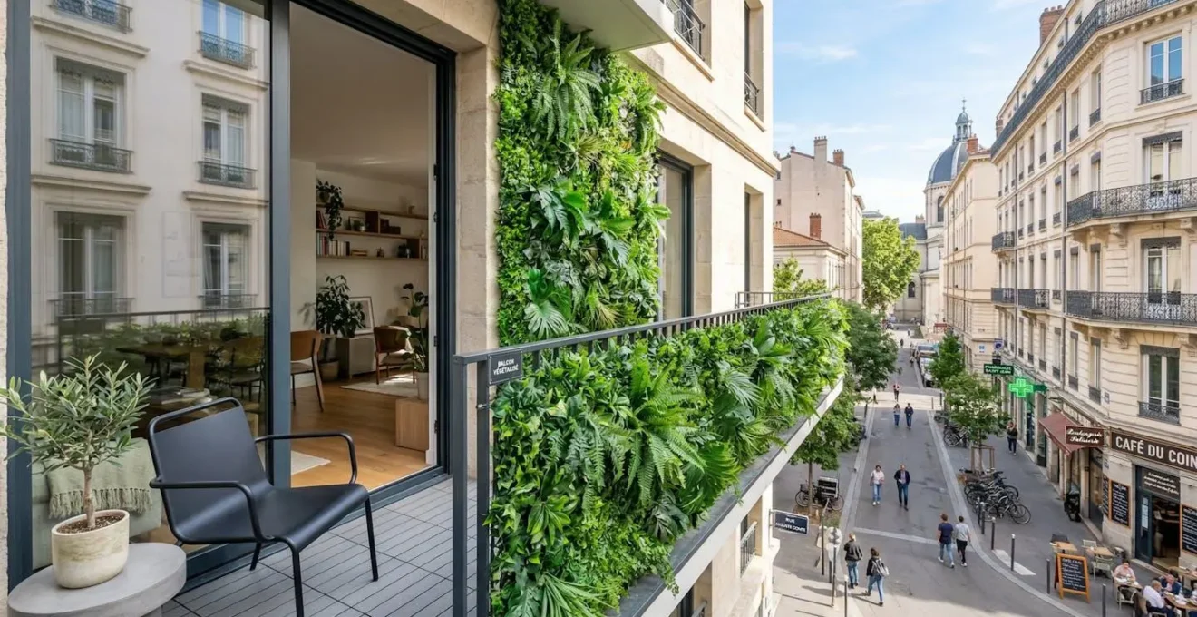 Balcon moderne d'appartement français avec feuillage artificiel dense installé sur le garde-corps, créant une séparation végétale opaque en pleine lumière naturelle