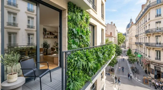Balcon moderne d'appartement français avec feuillage artificiel dense installé sur le garde-corps, créant une séparation végétale opaque en pleine lumière naturelle
