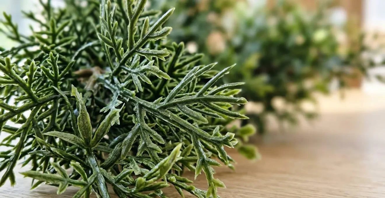 Gros plan macro sur un feuillage artificiel ultra-dense montrant la superposition serrée des feuilles et l'épaisseur de la trame textile