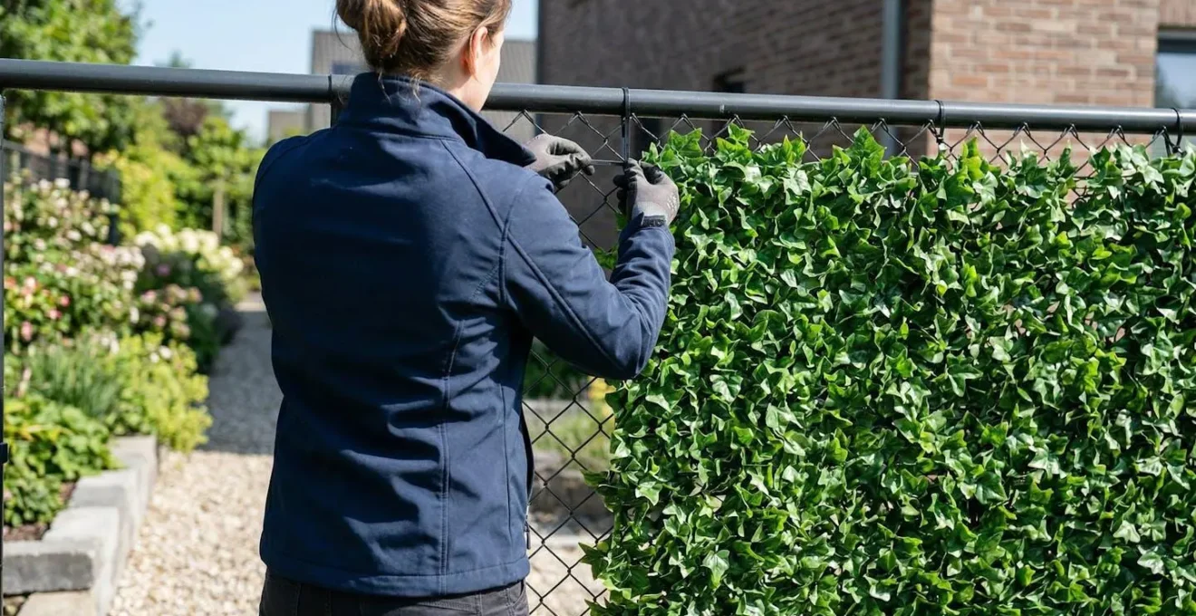 Mains d'une personne fixant un panneau de feuillage artificiel sur un grillage métallique avec des colliers de serrage plastique, vue rapprochée sans visage visible
